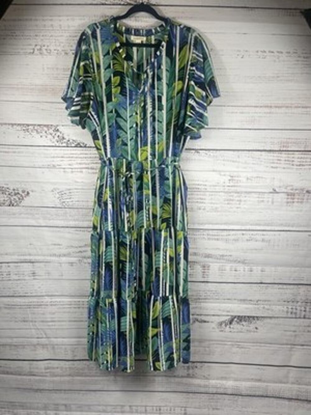 Loralette Dress Womens 22/24 Plus Multicolor Tropical Leaf Maxi V Neck Sundress